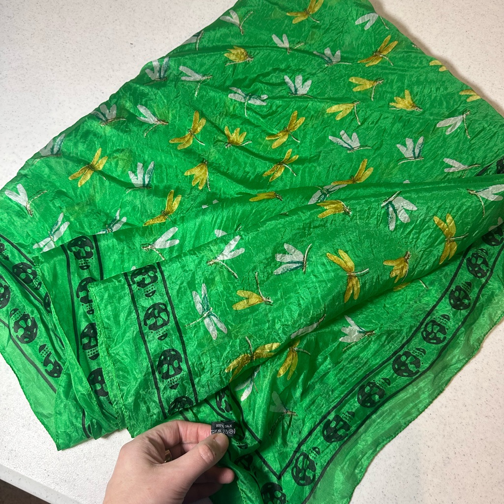 Green Scarf With Dragonfly And Skull Design 100 Silk Green Scarf With Dragonfly And Skull Design 100 Silk